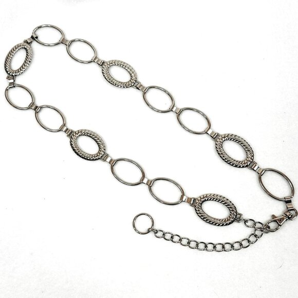 Silver Tone Chain Link Belt w/Oval Plain and Ribbed Elements - 39 Inches - Picture 1 of 5